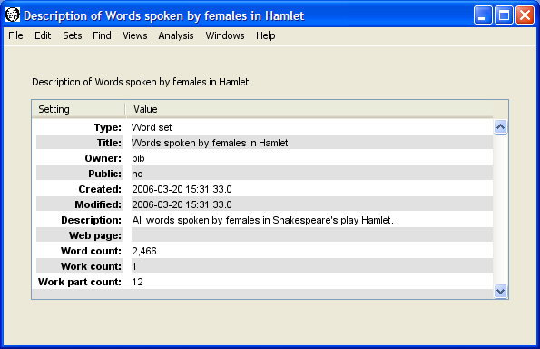 Describe word set output