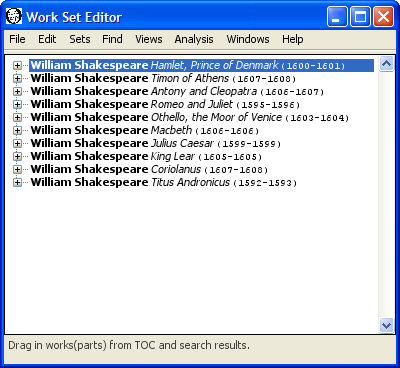 Work set editor window with Shakespeare Tragedies